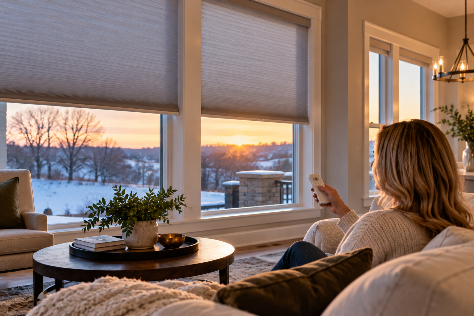 Person with a remote control relaxing on a sofa, looking at a snowy sunset through windows with motorized window shades.