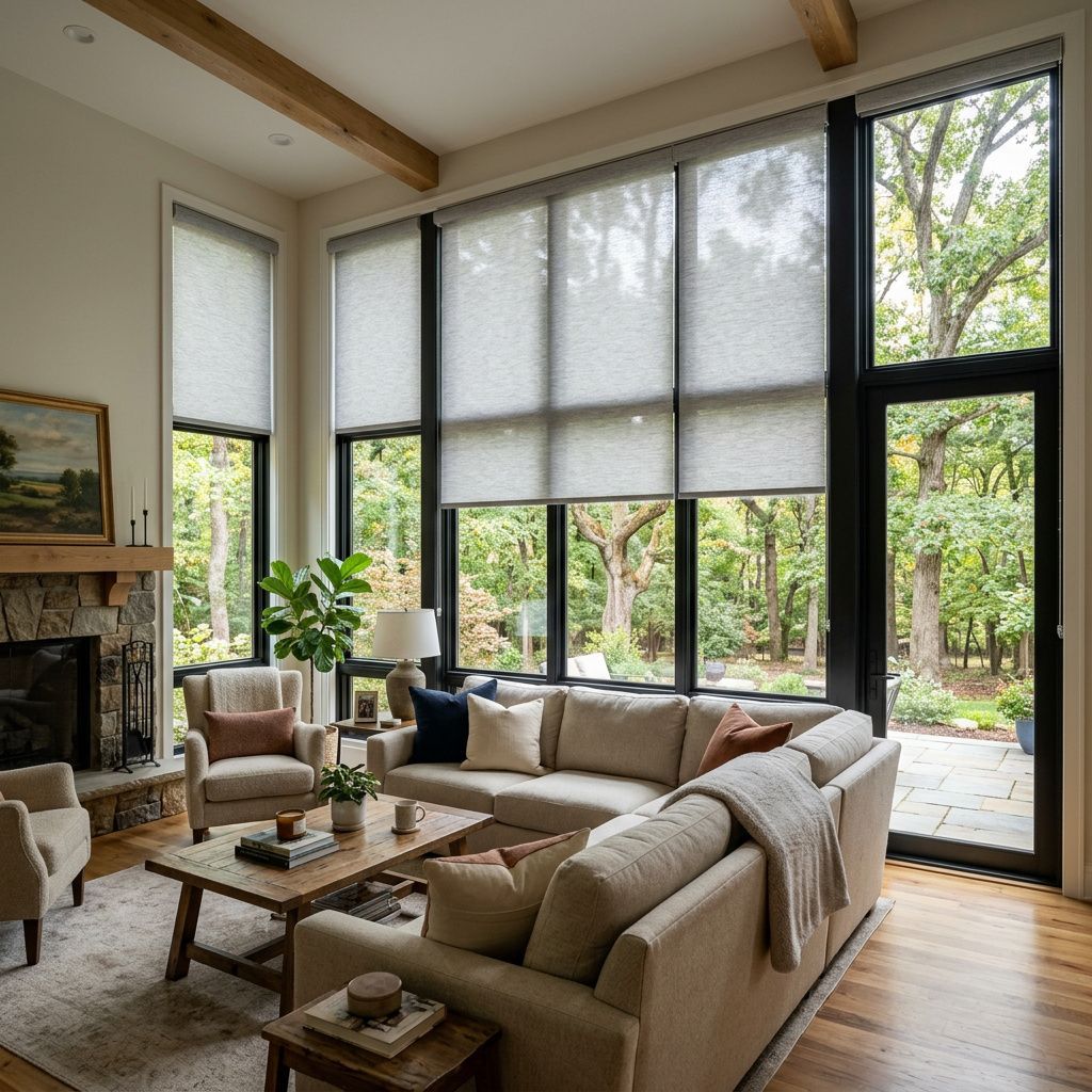 Bright living room with beige sectional, fireplace, large windows with motorized roller shades, and forest view