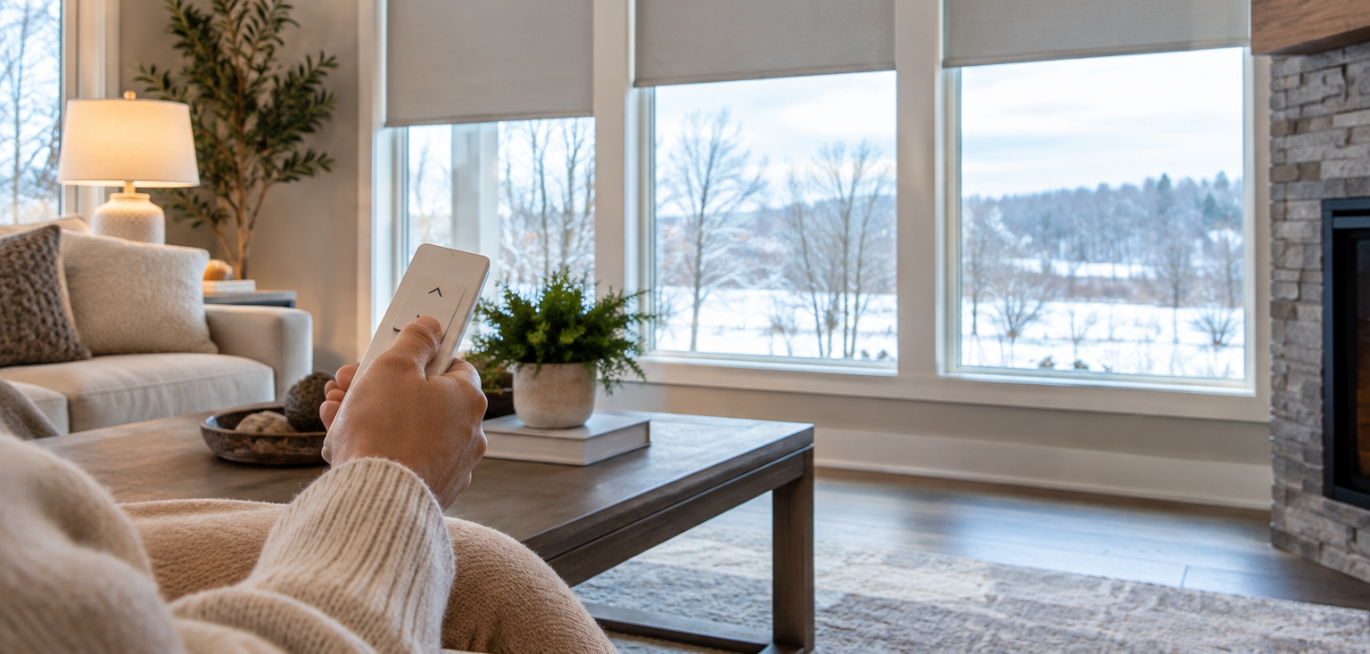 Person holding a remote in a cozy living room with snowy landscape visible through large windows with motorized window shades.