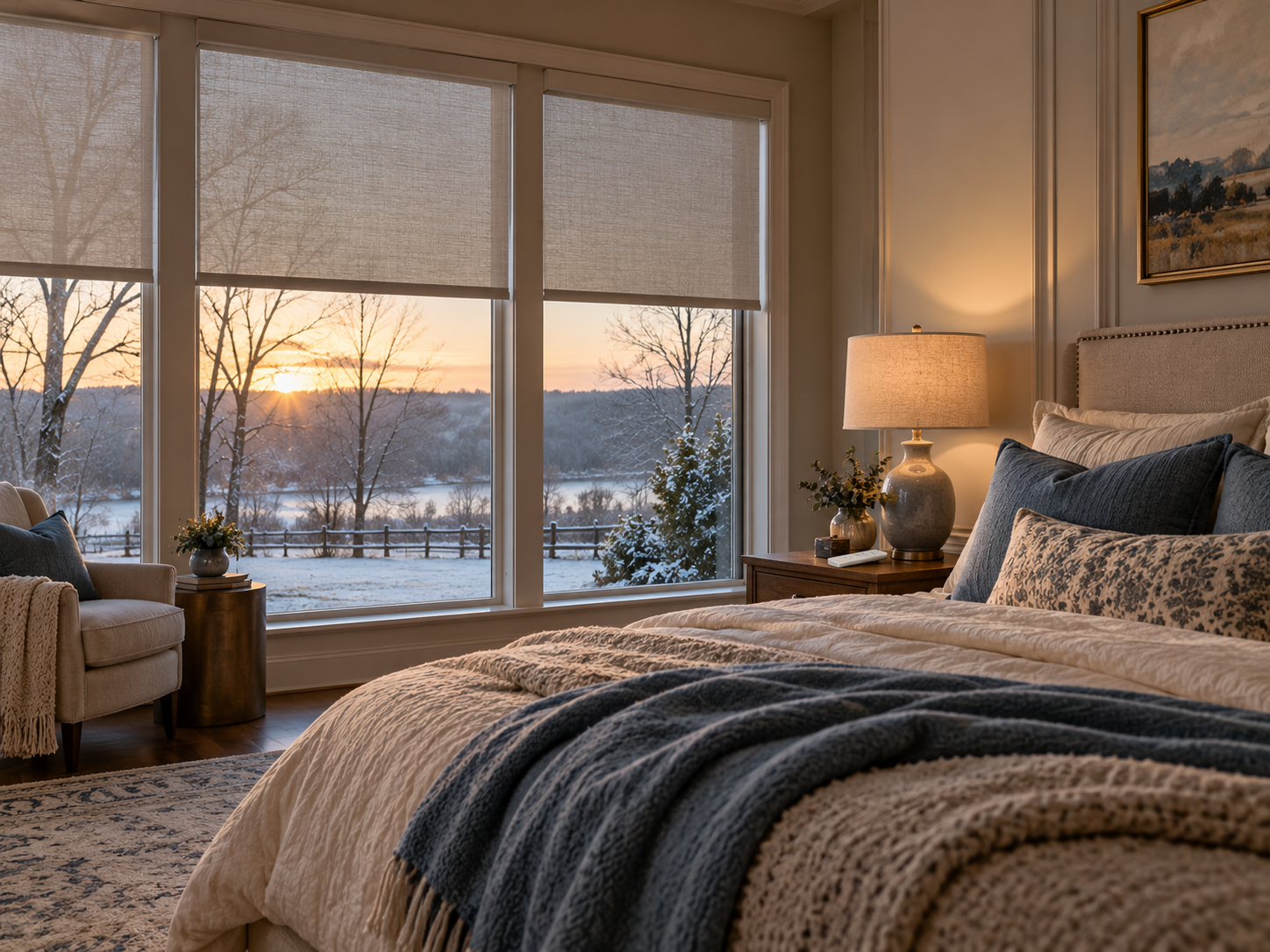 Cozy bedroom with a bed, lamp, and snowy sunset view through large windows with roller shades.