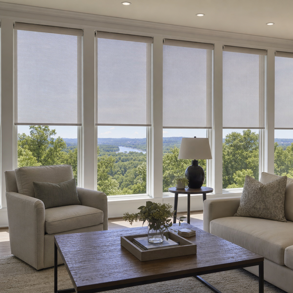 Bright living room with cream chairs, a wood coffee table, and large windows with solar shades overlooking trees and water