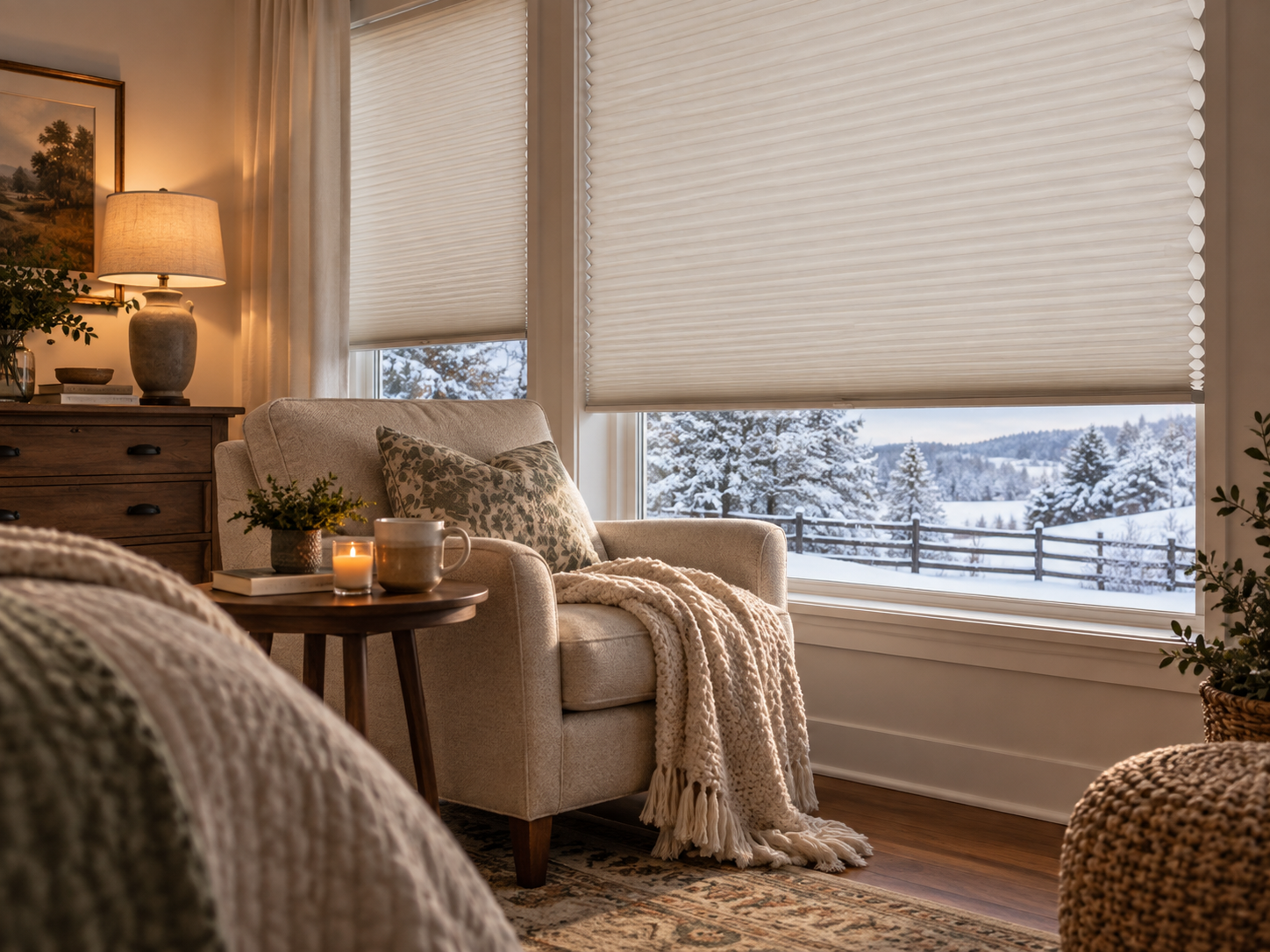 Cozy beige armchair by a snowy window with knitted throw and lamp in a warm living room