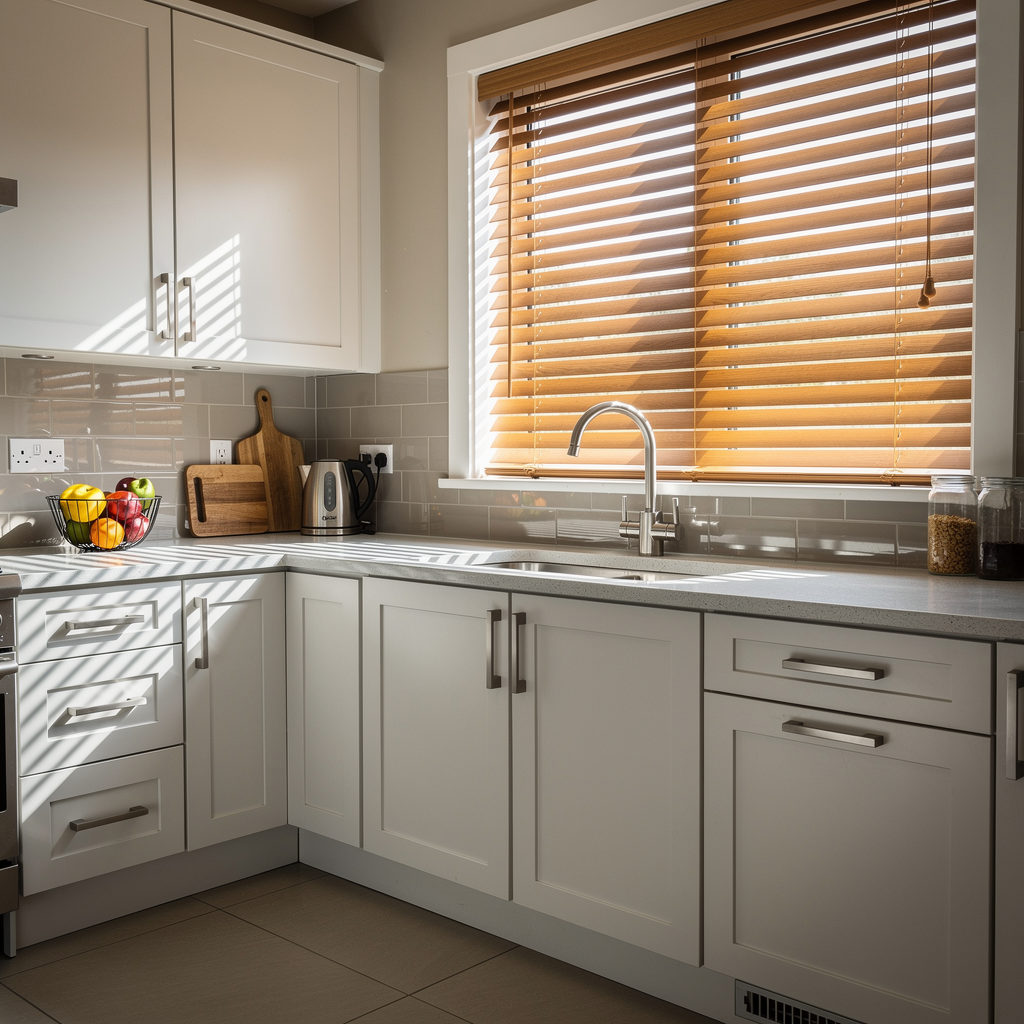 Bright modern kitchen with white cabinets, gray tile backsplash, sink, wooden blinds, and fruit on the counter