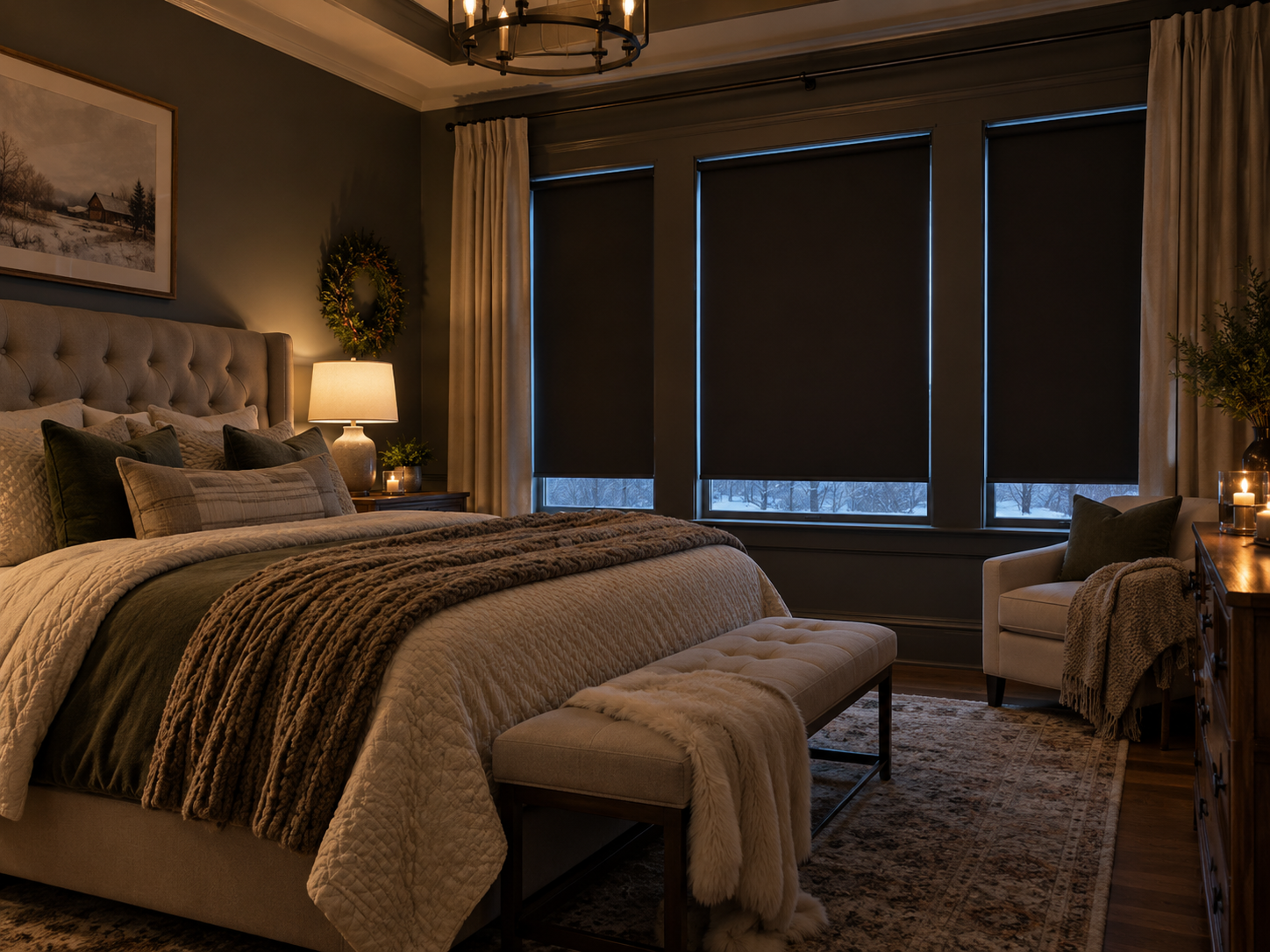 Cozy bedroom with a tufted bed, bench, warm lighting, and dark window shades