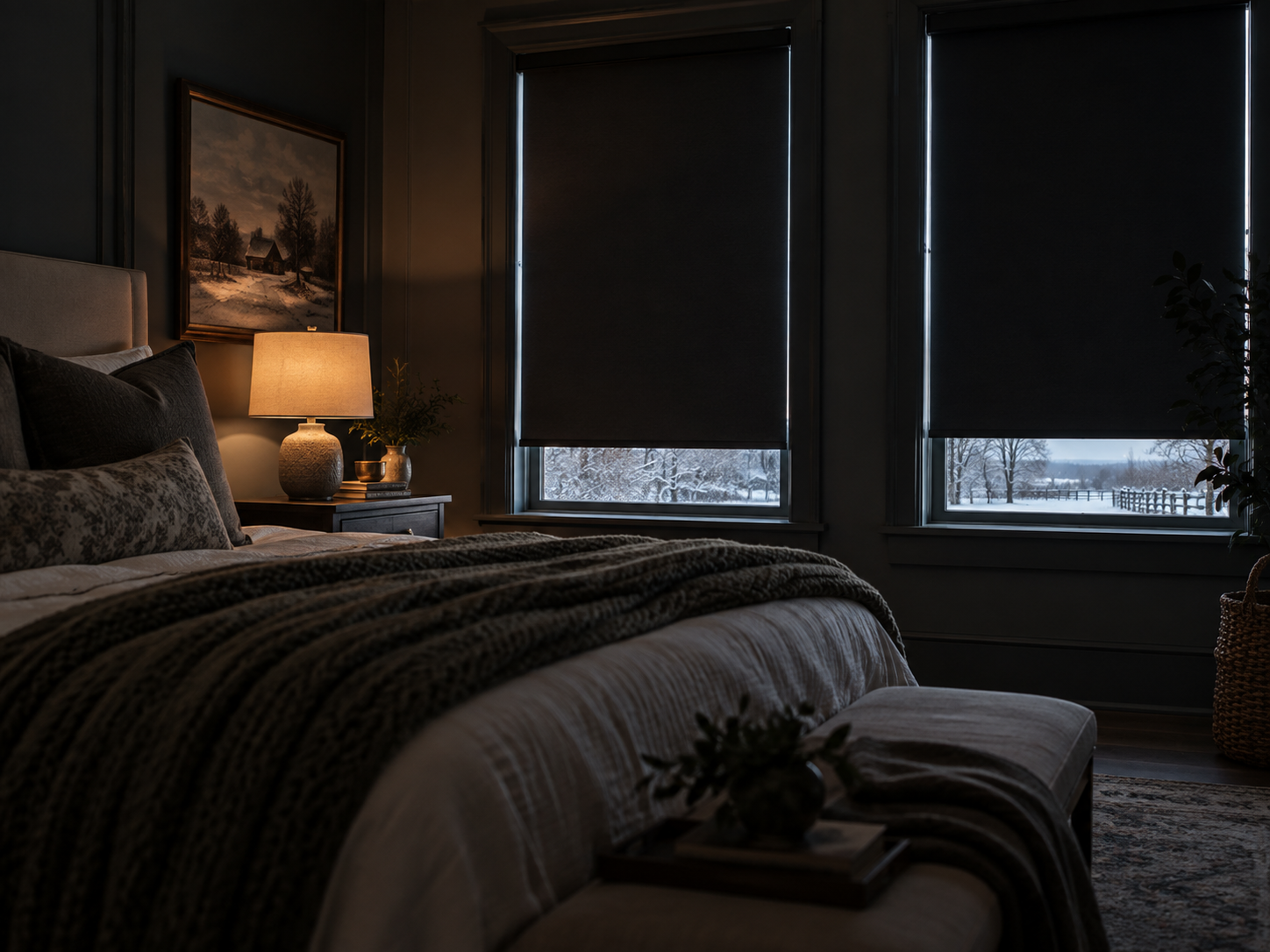 Dim bedroom with a made bed, bedside lamp, blackout shades, and a framed landscape painting.