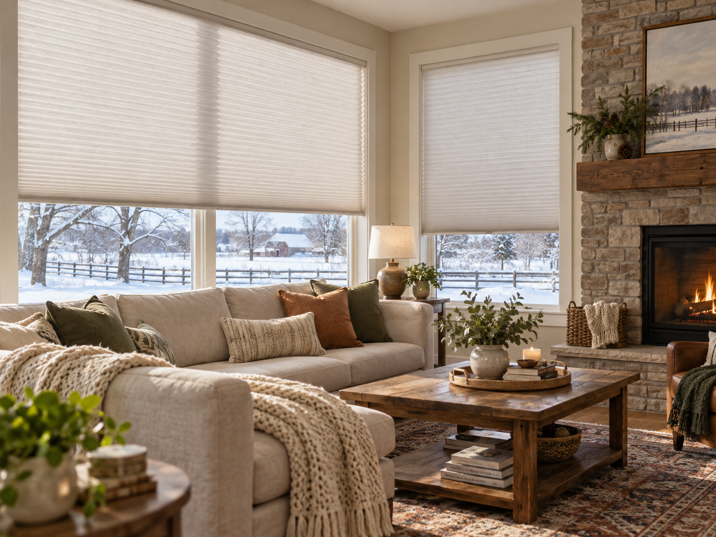 Cozy living room with beige sofas, wooden coffee table, fireplace, and windows with honeycomb shades. 