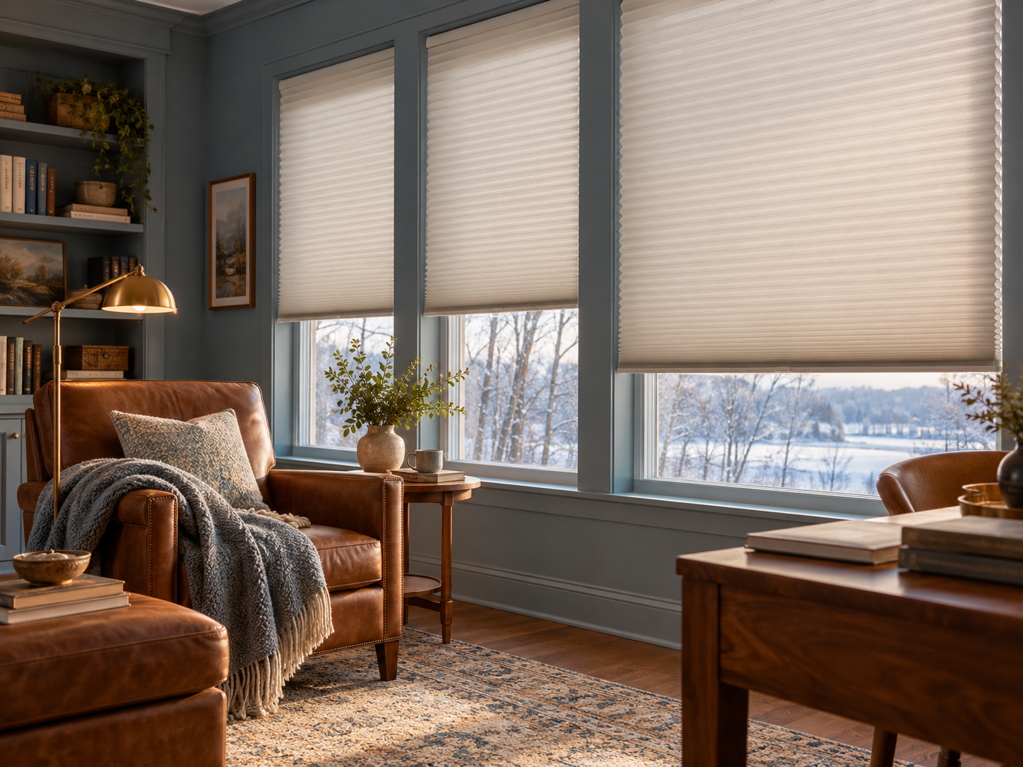 Cozy living room with tan armchair, textured throw, wooden table, and large windows with cellular shades.
