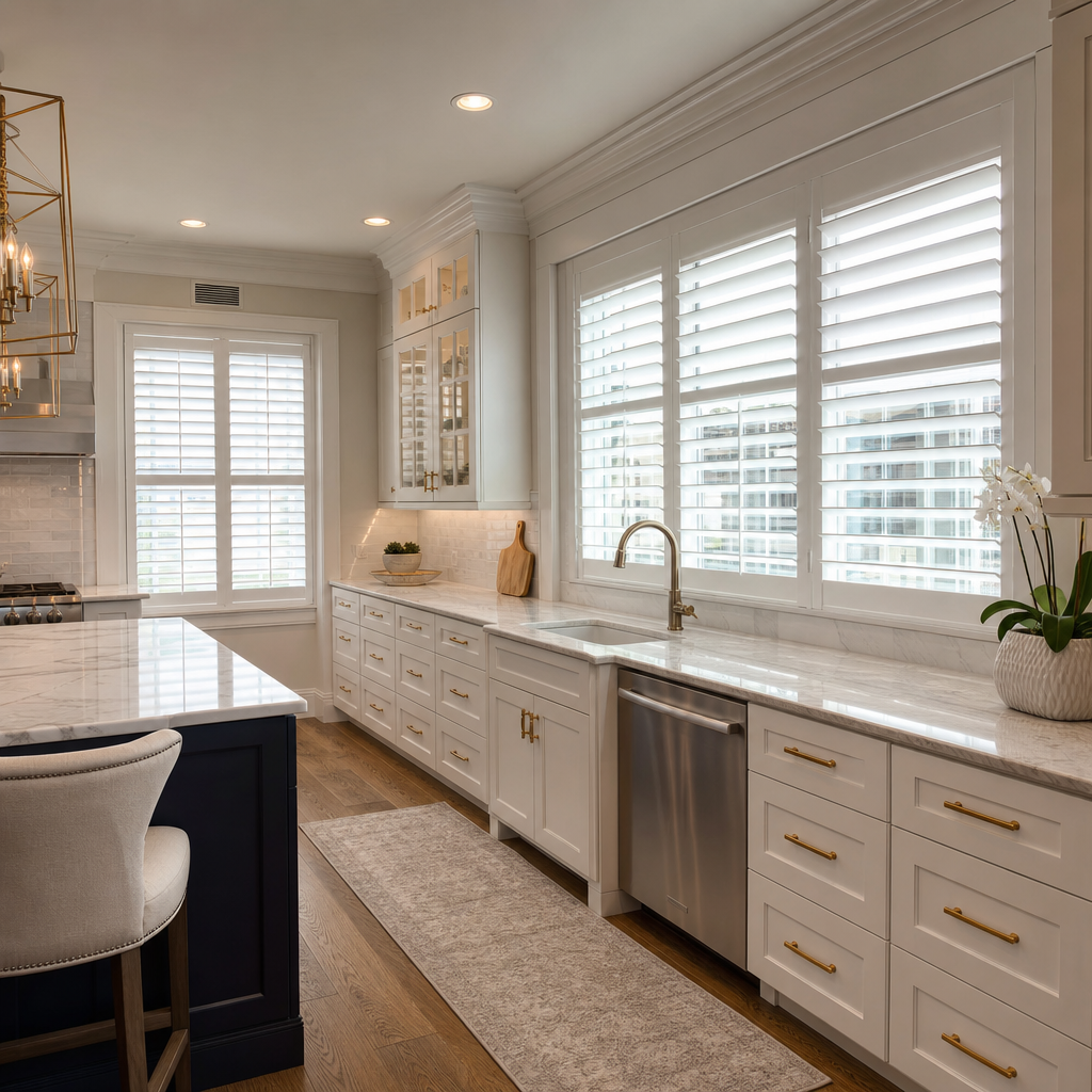 Bright white kitchen with island, window seat, stainless dishwasher, and large windows with shutters