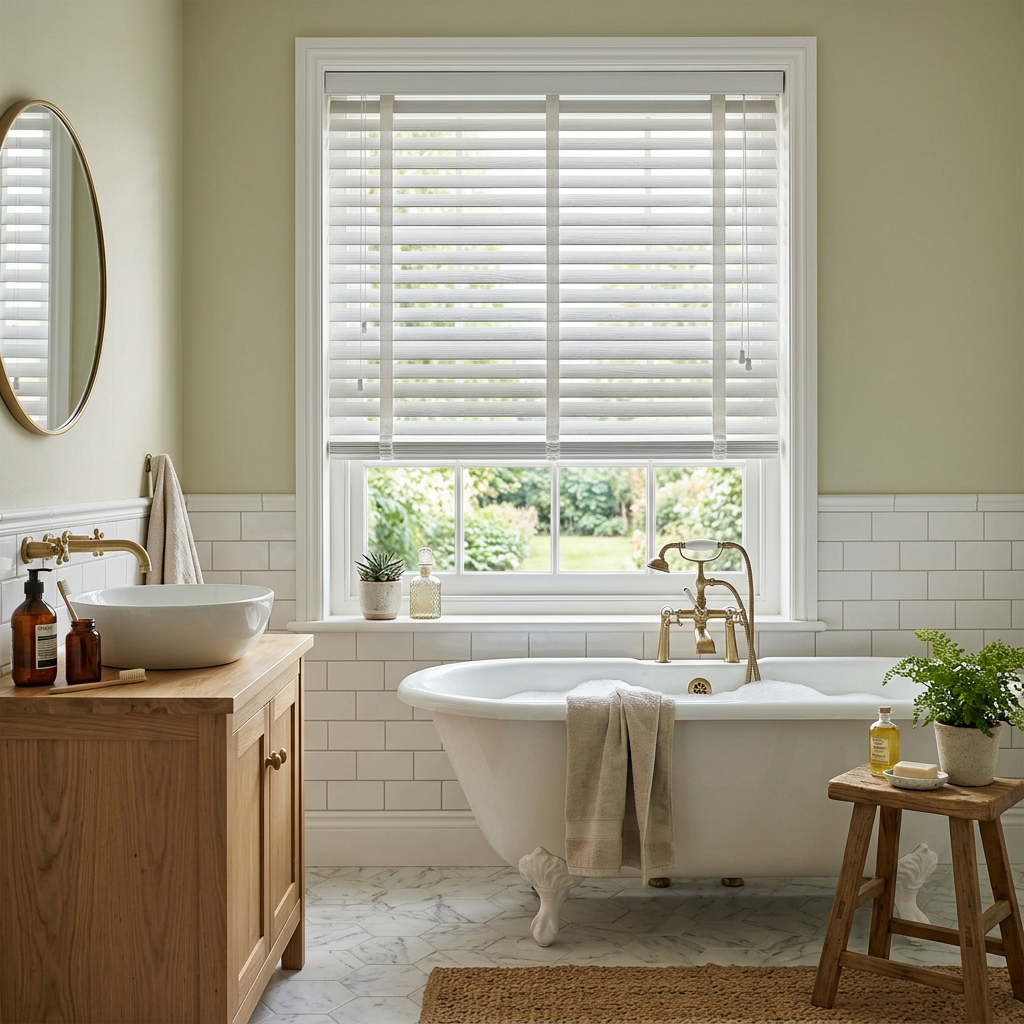 Bright bathroom with freestanding tub, wood vanity, white tile, and window blinds open to greenery