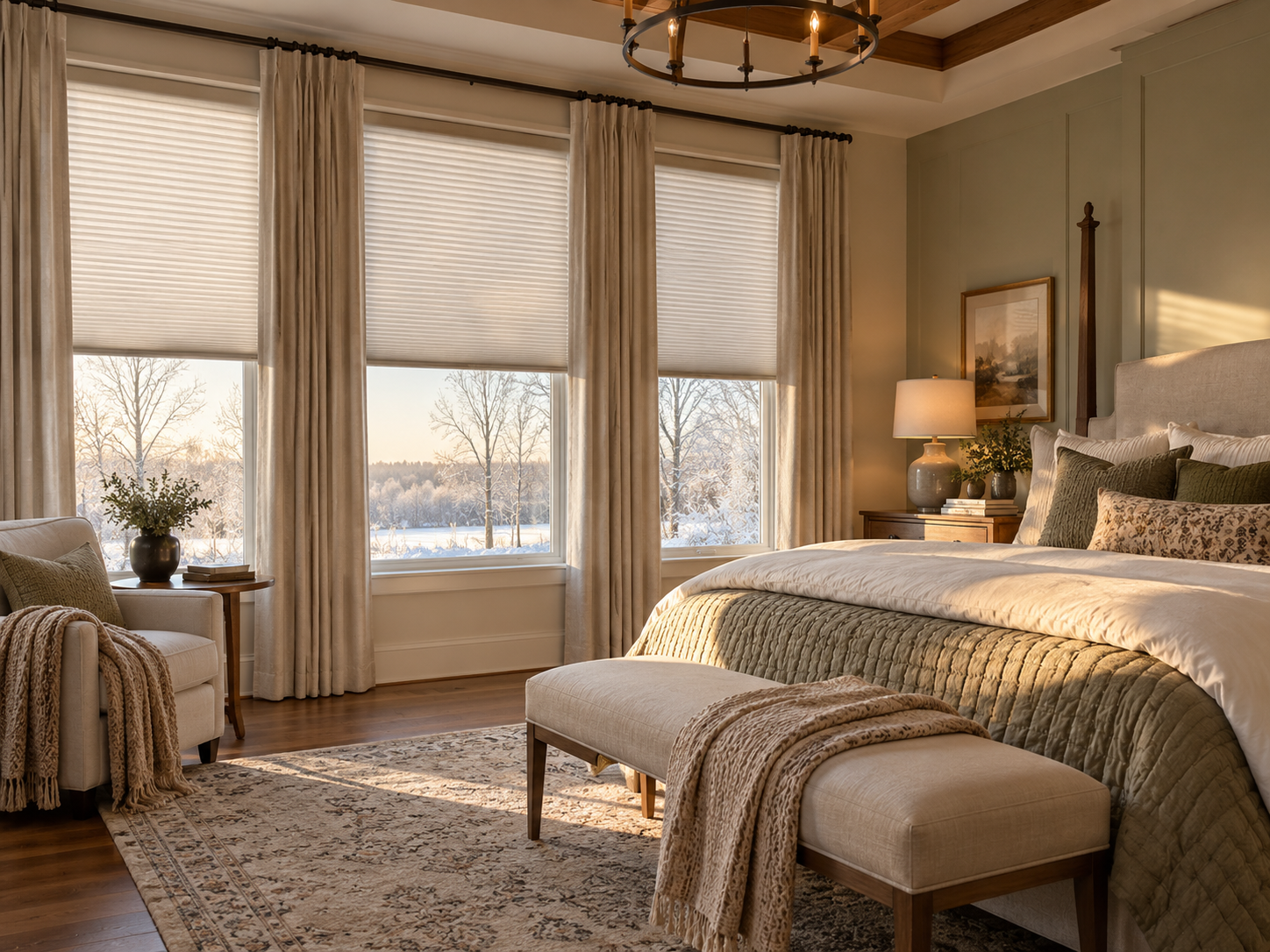 Cozy beige bedroom with large windows, a bed, bench, and soft neutral decor overlooking a snowy view