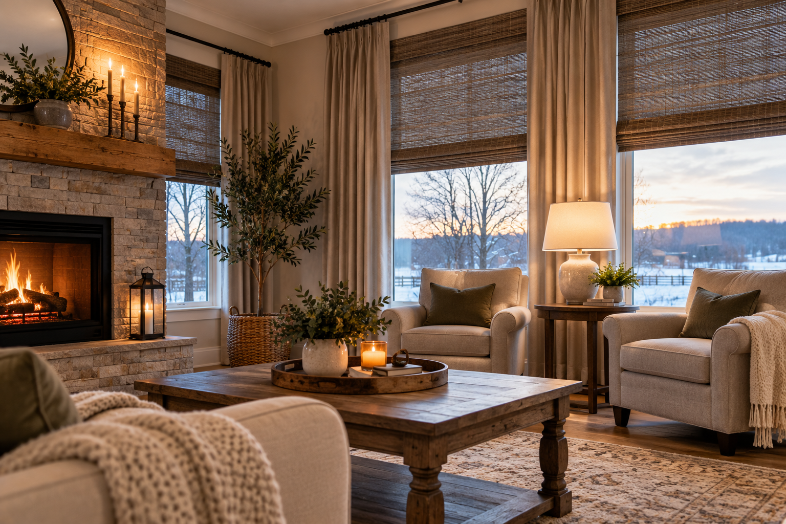 Cozy living room with lit fireplace, neutral armchairs, wooden coffee table, and layered window treatments.