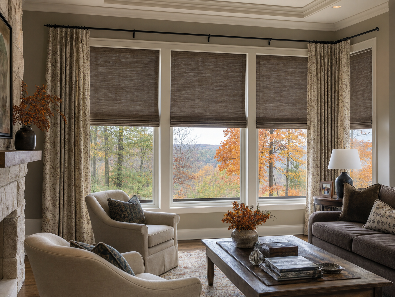 Elegant living room with stone fireplace, gray seating, and large windows with bamboo shades overlooking autumn trees