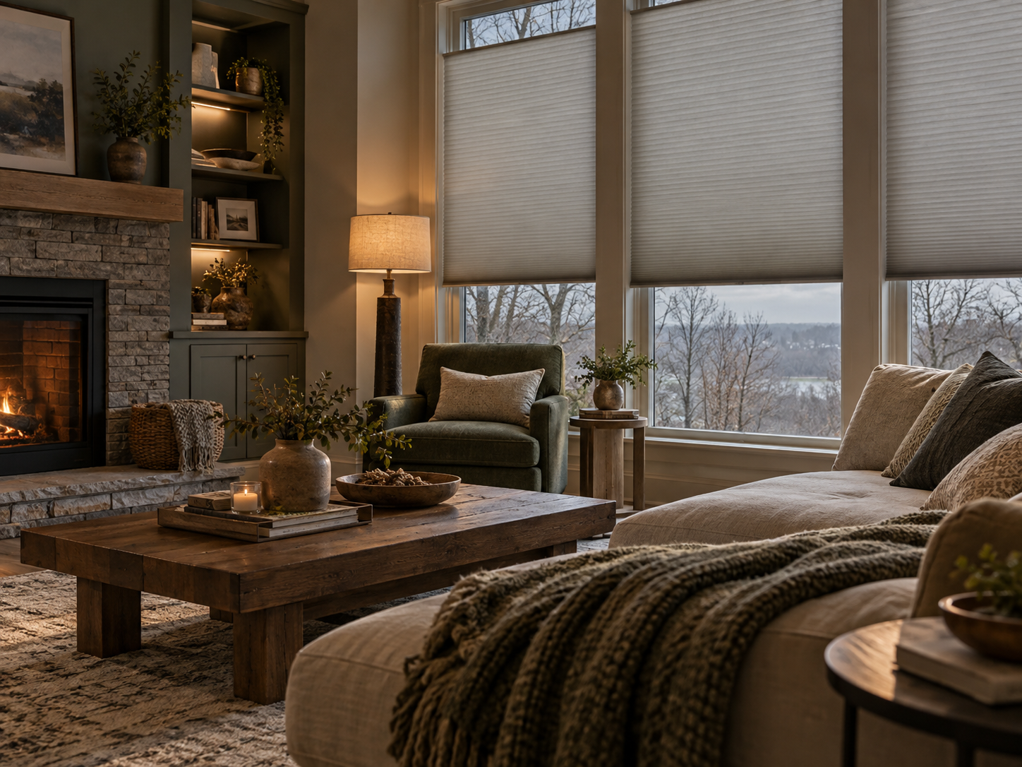 Cozy living room with fireplace, large windows, rustic coffee table, and mountain view at dusk