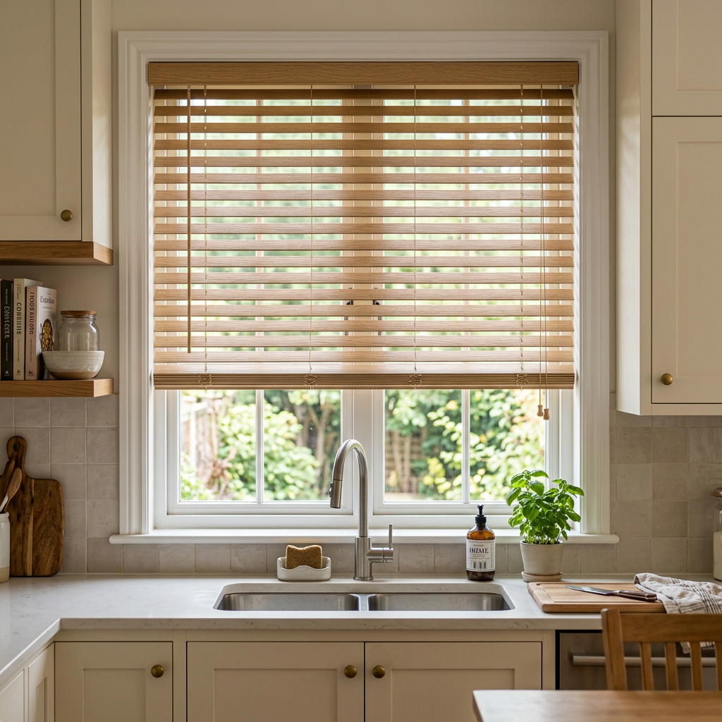 Bright kitchen window with wood blinds, sink, and potted plant on the counter