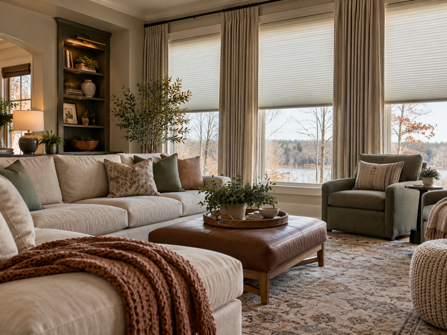 Cozy living room with beige sofa, leather ottoman, armchair, and large windows with honeycomb shades and custom drapery