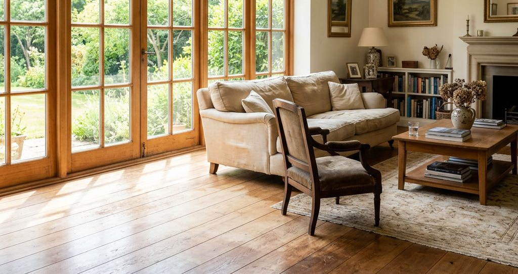Sunlit living room with French doors, beige sofas, a wooden coffee table, and a patterned rug