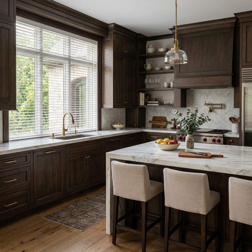 Modern dark-wood kitchen with marble island, beige stools, large windows with window blinds, and a sink by the window