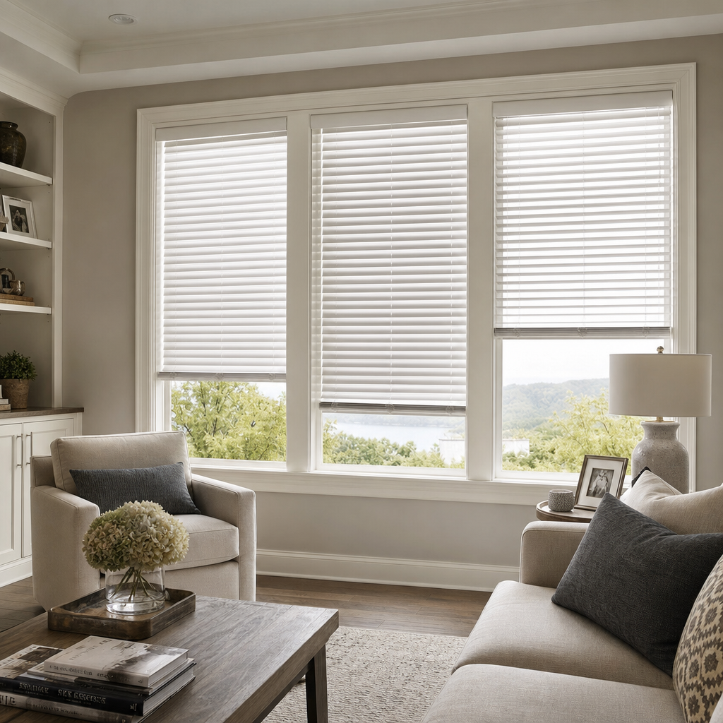 Bright living room with white blinds, beige sofa, armchair, coffee table, and natural light.