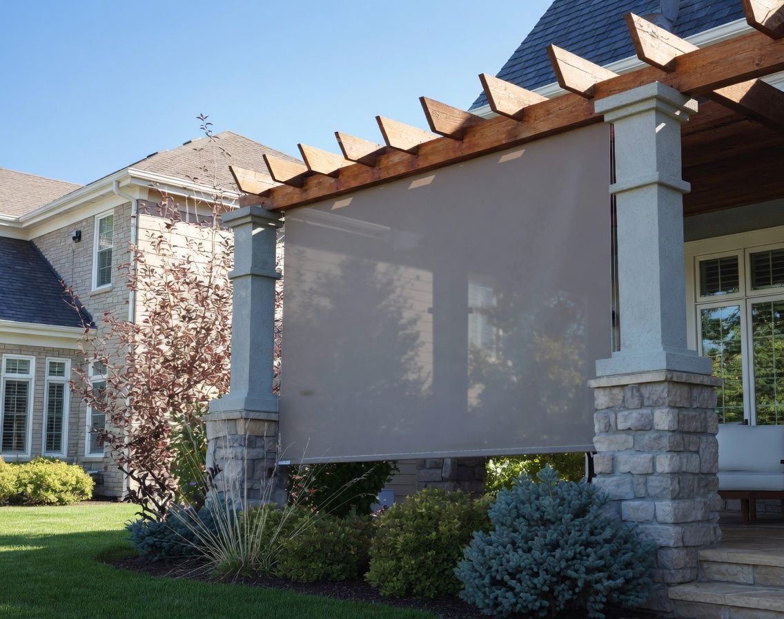 House exterior with exterior patio shades, beige walls, stone columns, and wooden pergola roof