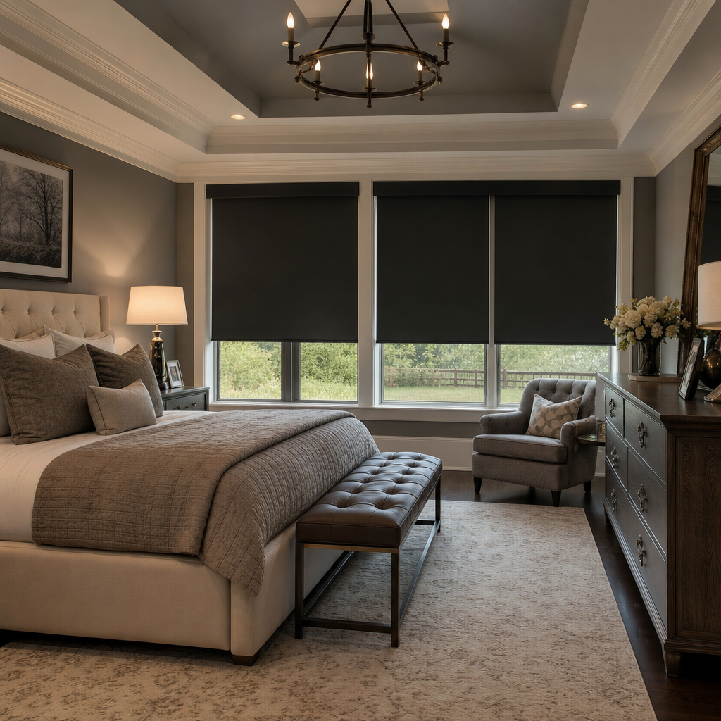 Elegant neutral-toned bedroom with king bed, bench, armchair, blackout roller shades and chandelier lighting