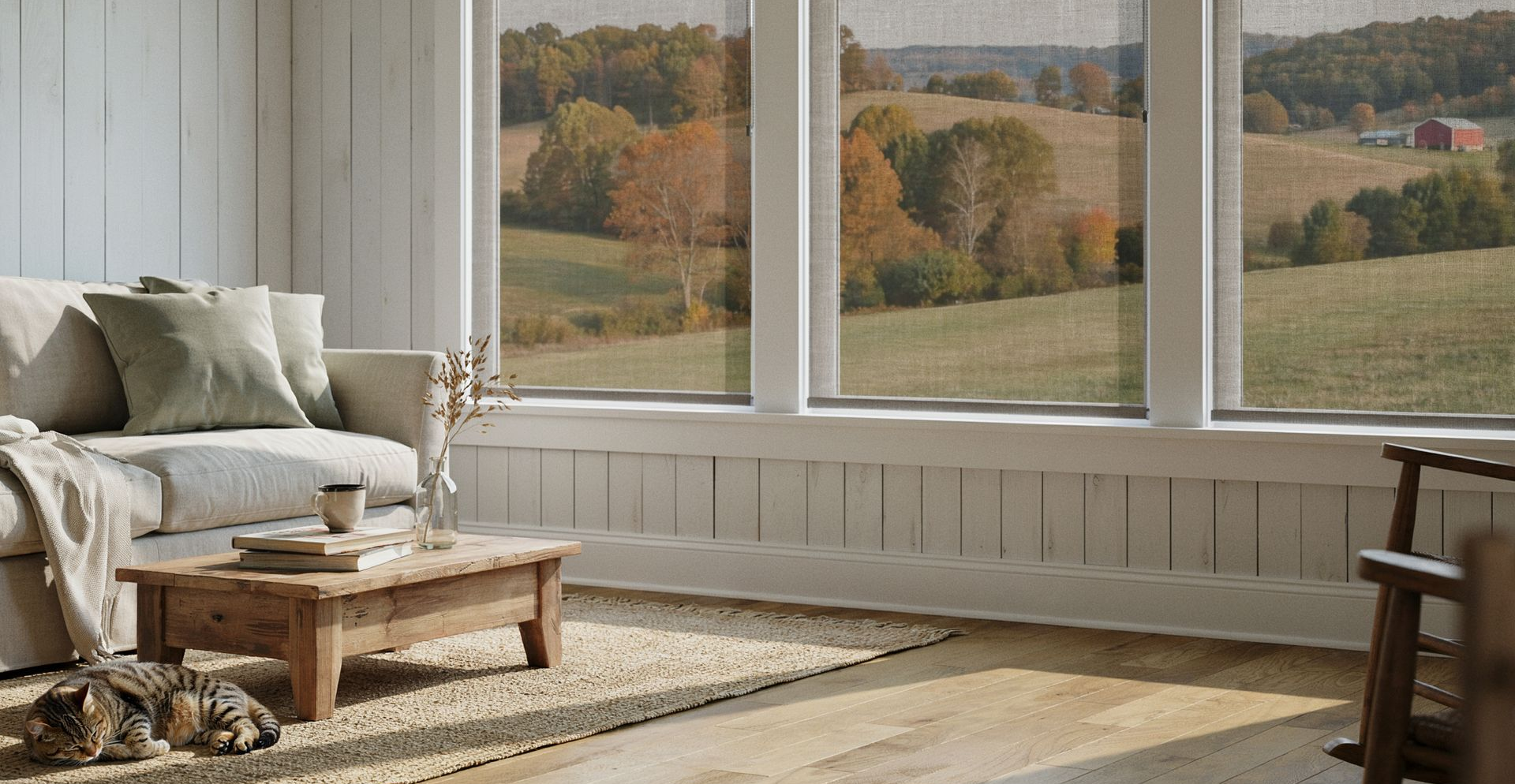 Cozy living room with beige sofa, rustic table, and large windows with solar shades overlooking autumn hills