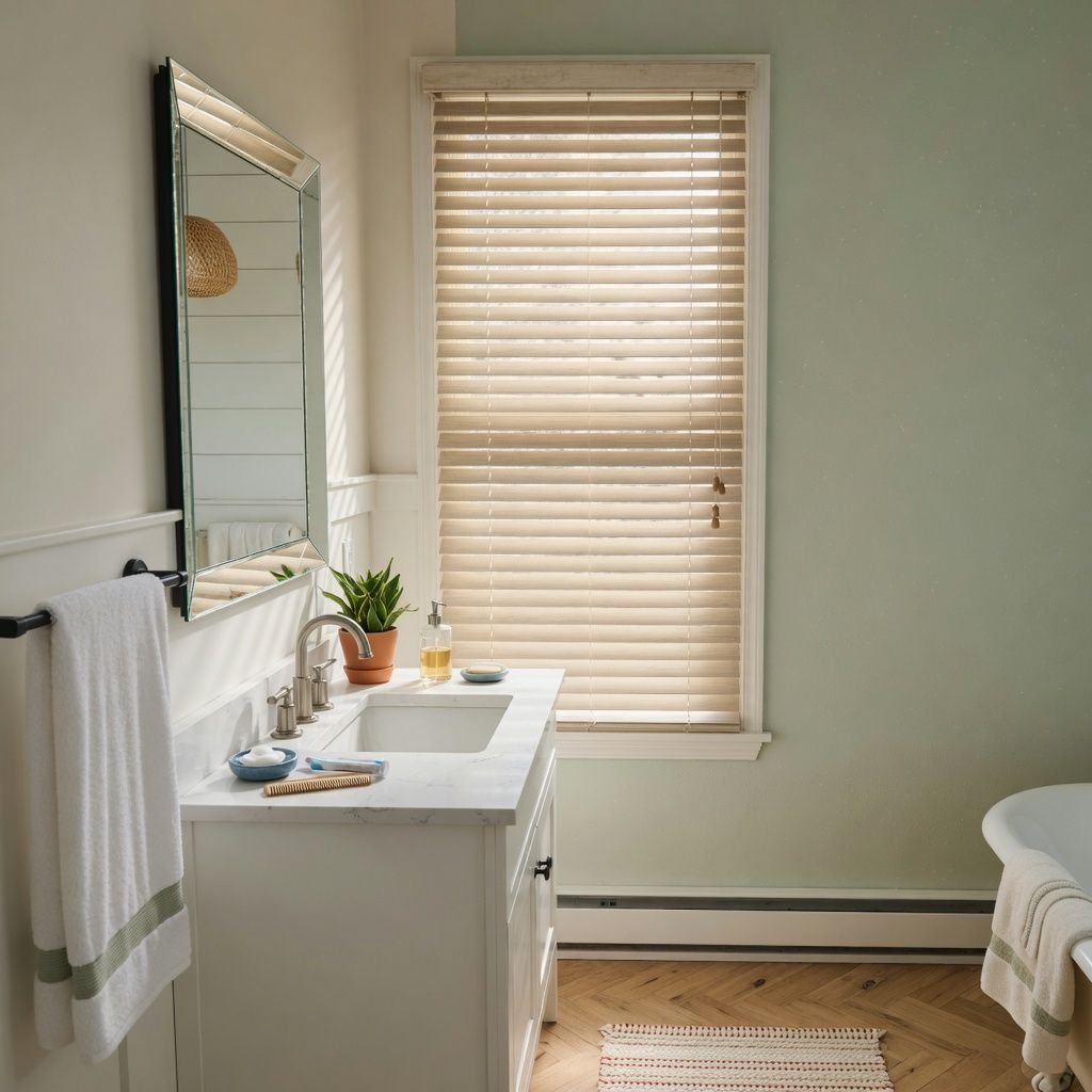 Minimal bathroom with white vanity, mirror, towel, window blind, and a partially visible bathtub.