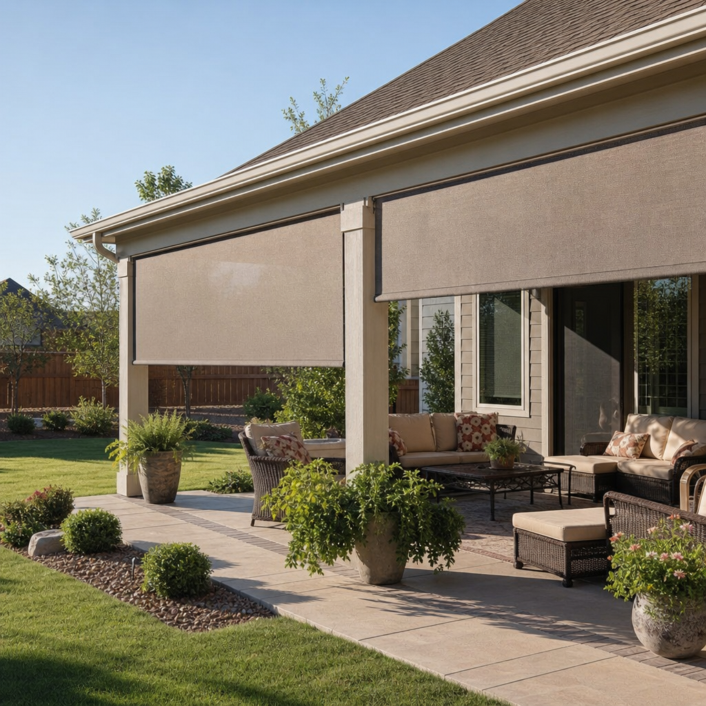 Modern patio with beige outdoor patio shades, outdoor seating, and potted plants beside a house