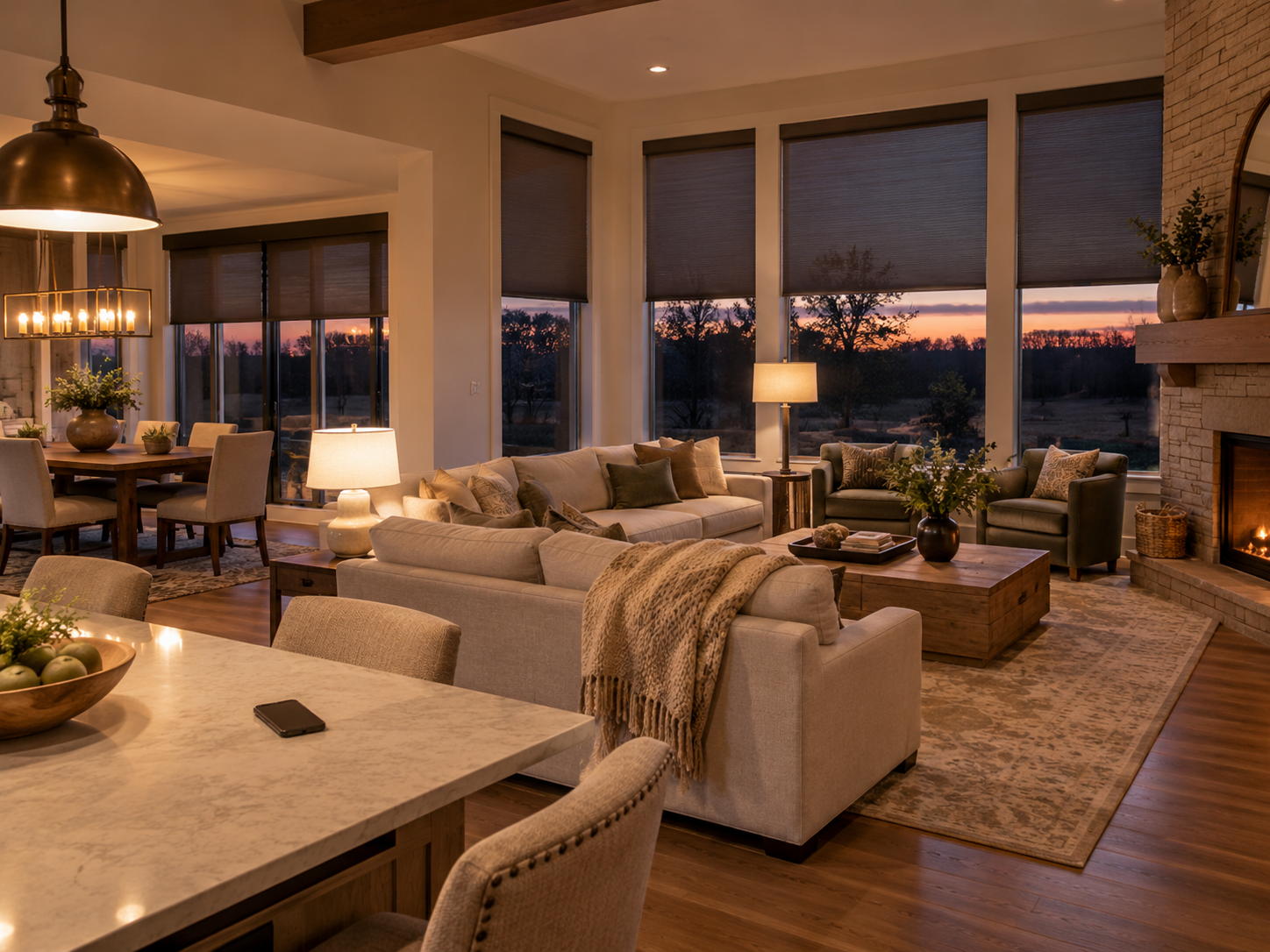 Open living room with beige sofas, fireplace, dining area, and sunset view through large windows with roller shades