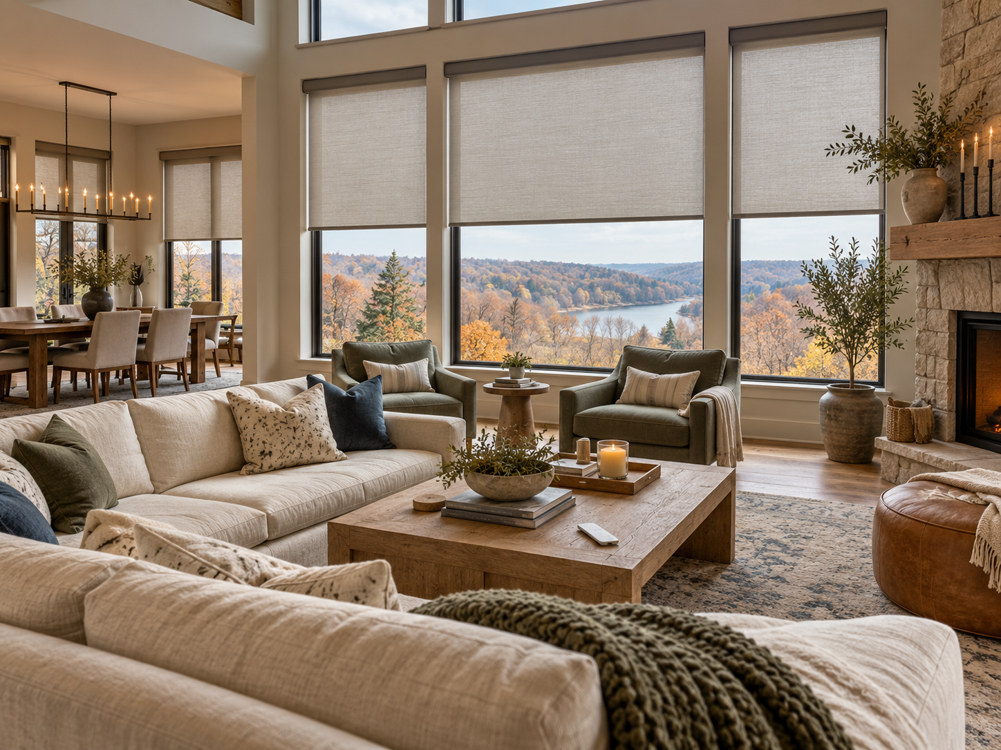 Spacious living room with beige sofas, wooden coffee table, and large windows overlooking a scenic lake view