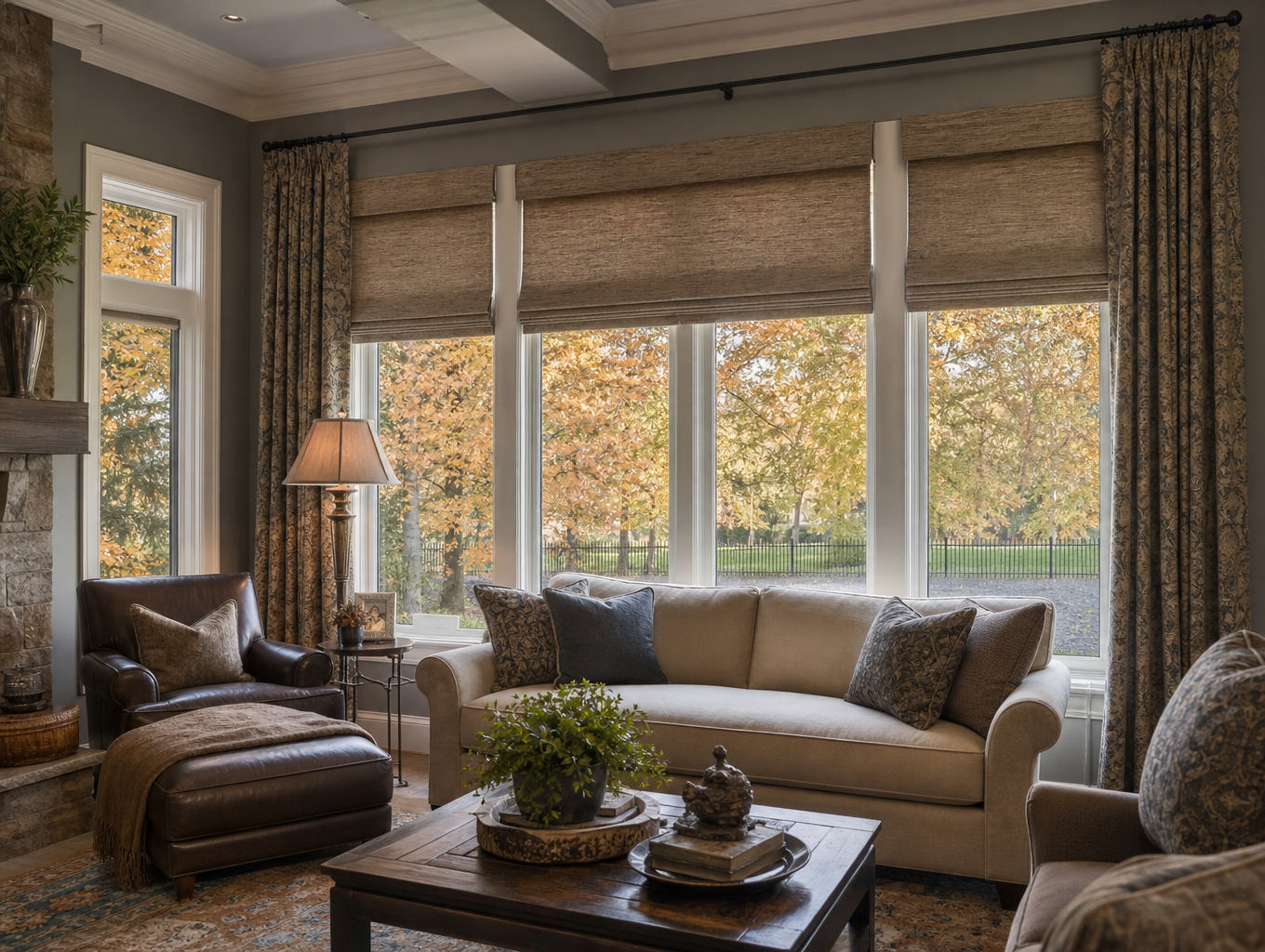Cozy living room with large windows, woven shades, neutral sofa, armchair, and coffee table with a plant.