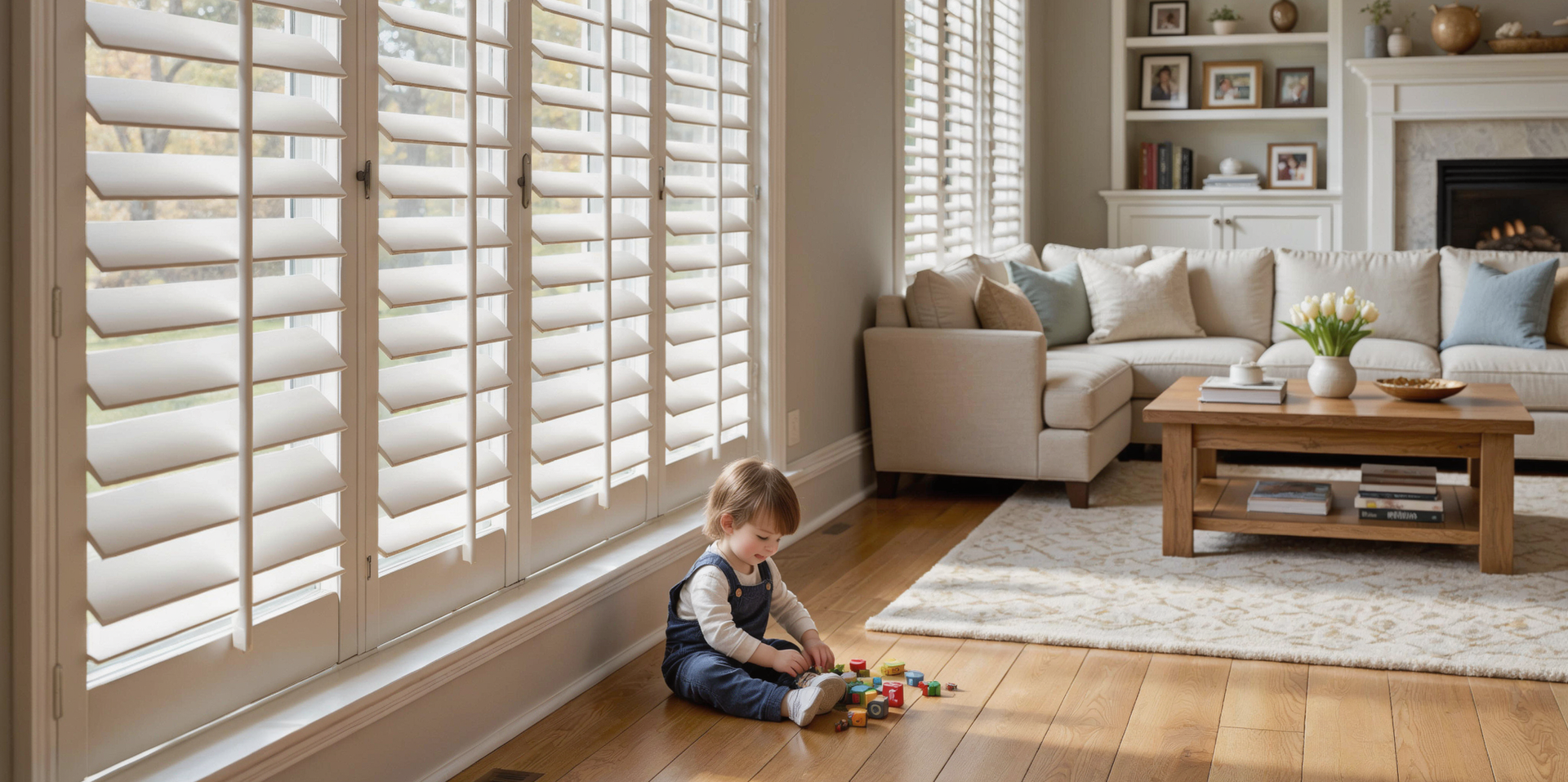 Child sitting on a wooden floor beside large window shutters in a bright living room, playing with toys.