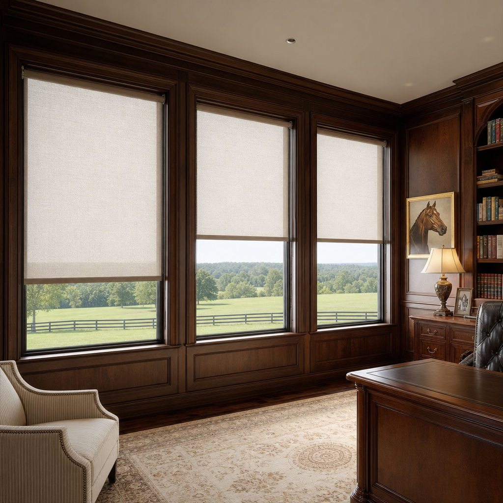 Elegant wood-paneled office with large windows with roller shades.