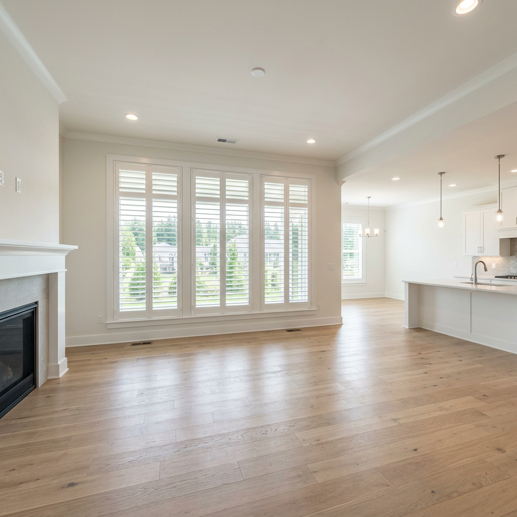 Bright empty living room with hardwood floors, white shutters, fireplace, and open kitchen island