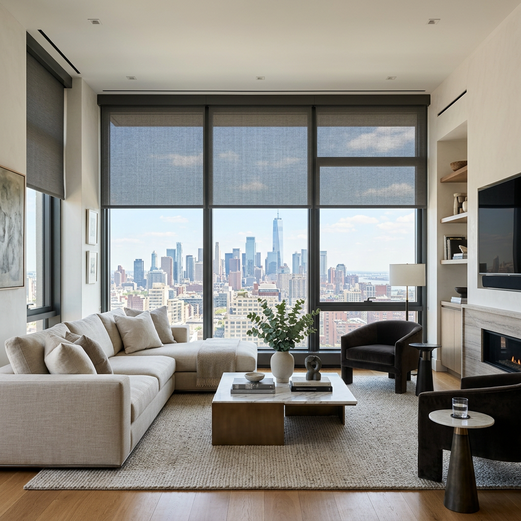 Modern living room with beige sectional, fireplace, and large windows with motorized window blinds.