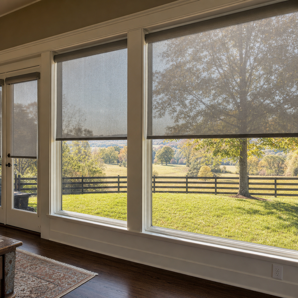 Bright living room with large windows overlooking a sunny backyard and wooden fence