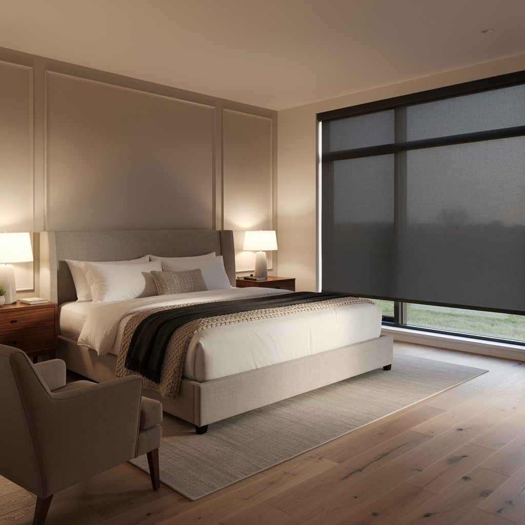 Modern bedroom with a bed, armchair, bedside lamps, and a large window with a dark roller shade.