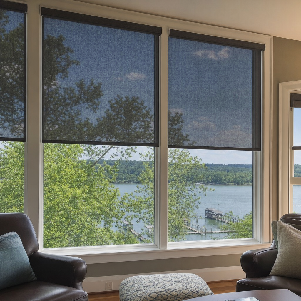 Living room with large windows with solar shades overlooking a lake and trees