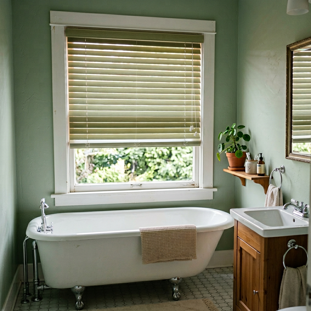 Bright bathroom with a white clawfoot tub, faux wood blinds, and a wooden sink cabinet with plants.