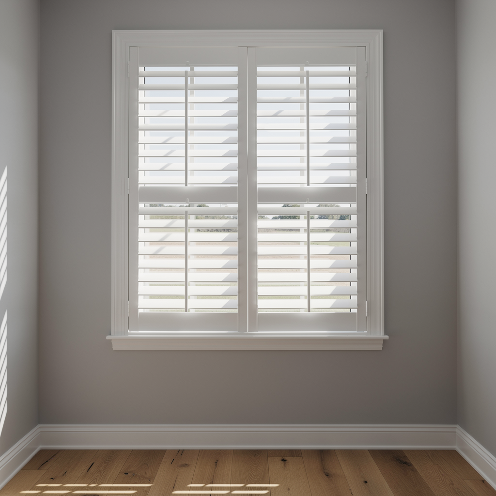White window with plantation shutters in a gray room with hardwood floors