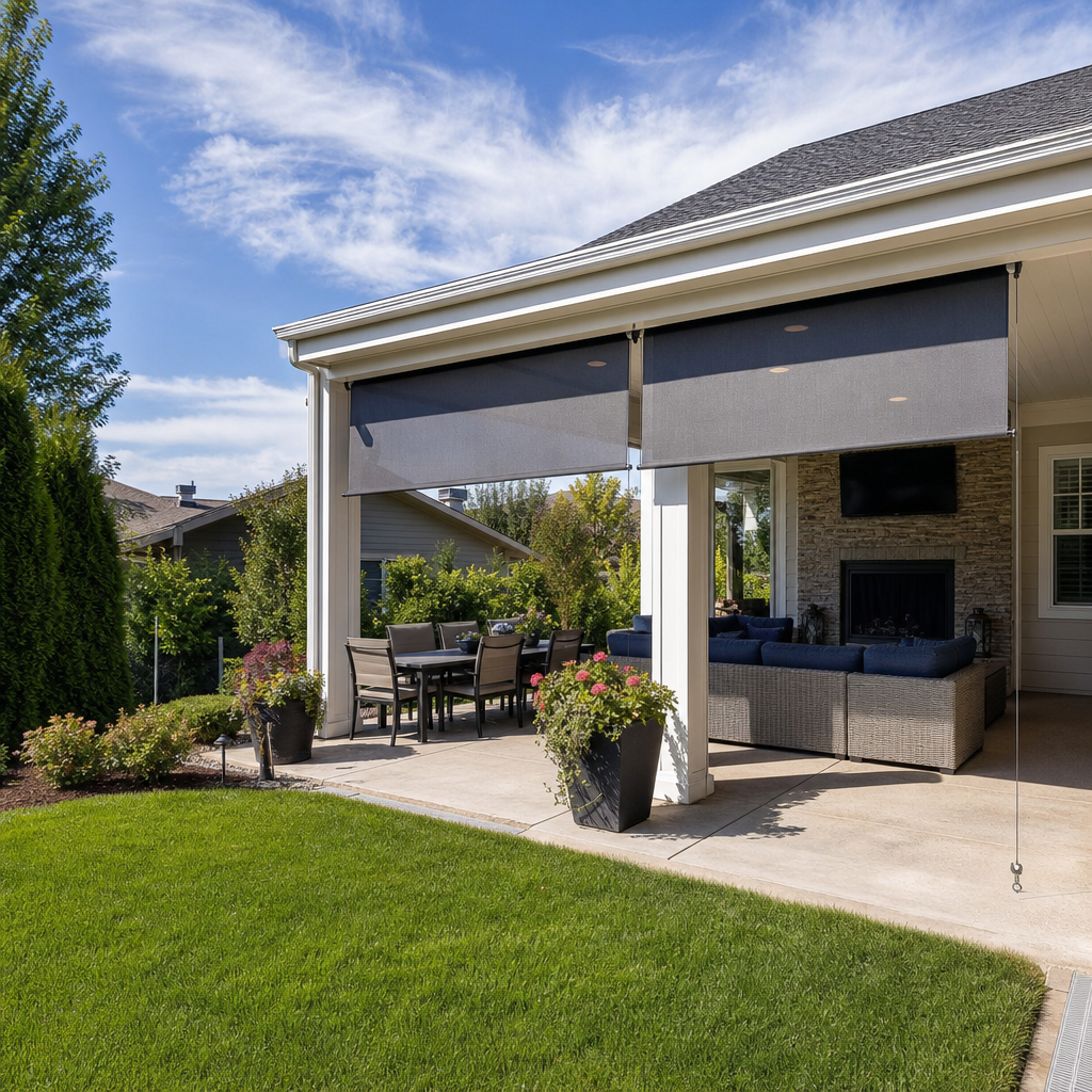 Patio with outdoor patio shades, outdoor seating, and a green lawn beside a house under a blue sky