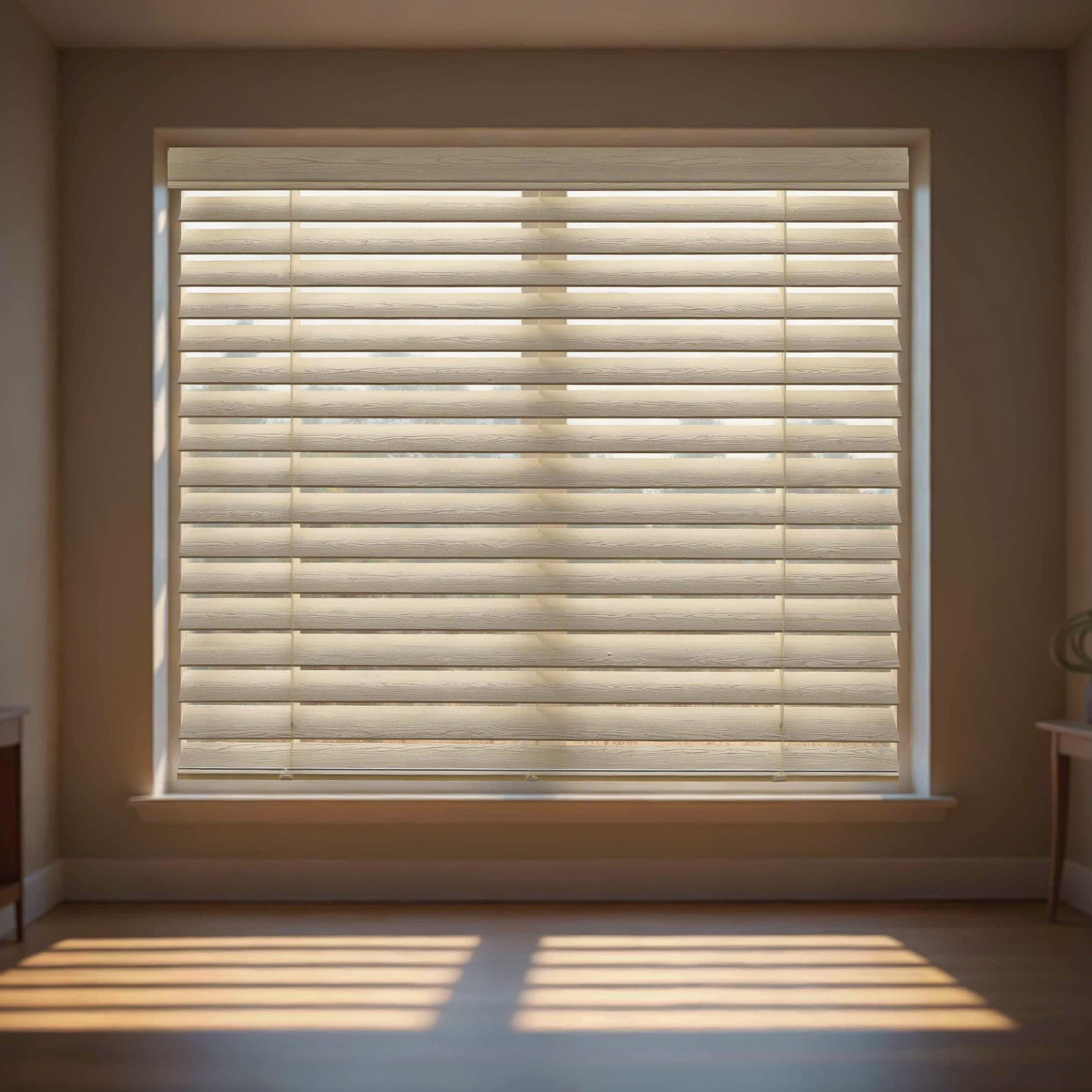 Closed white wood blinds filtering sunlight into a beige room with striped light on the floor