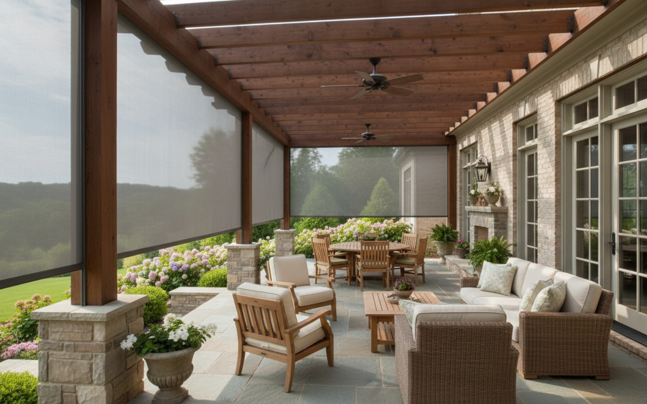 Covered patio with exterior patio shades, stone columns, and a view of misty hills and garden