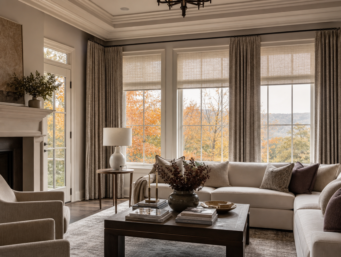 Bright living room with large windows, custom drapery, roller shades, beige sectional, fireplace, and autumn trees outside