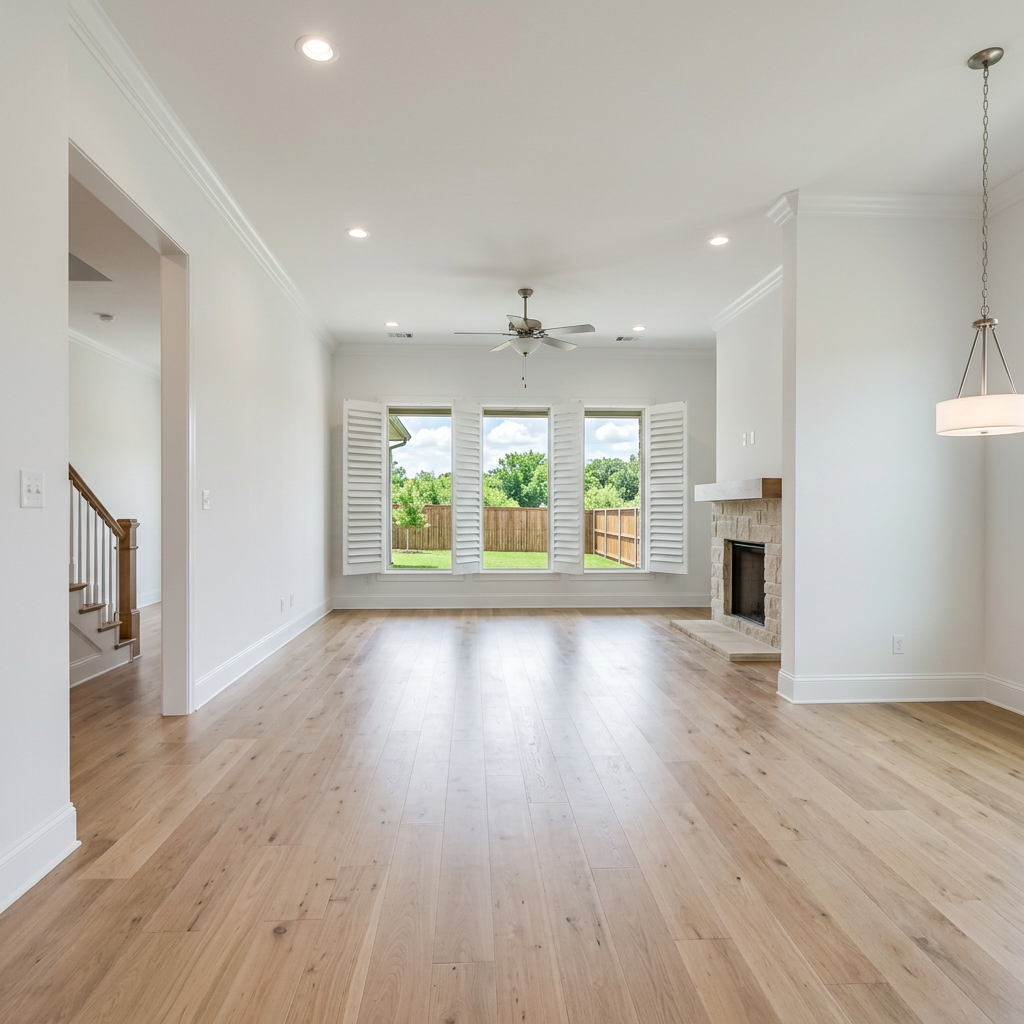 Bright, empty living room with wood floors, white walls, fireplace, ceiling fan, and large windows with shutters.