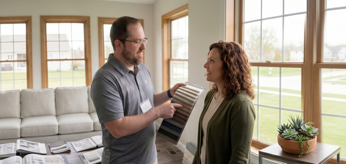 Sean Simmonds talking to a client in a bright room with large windows and a white couch.