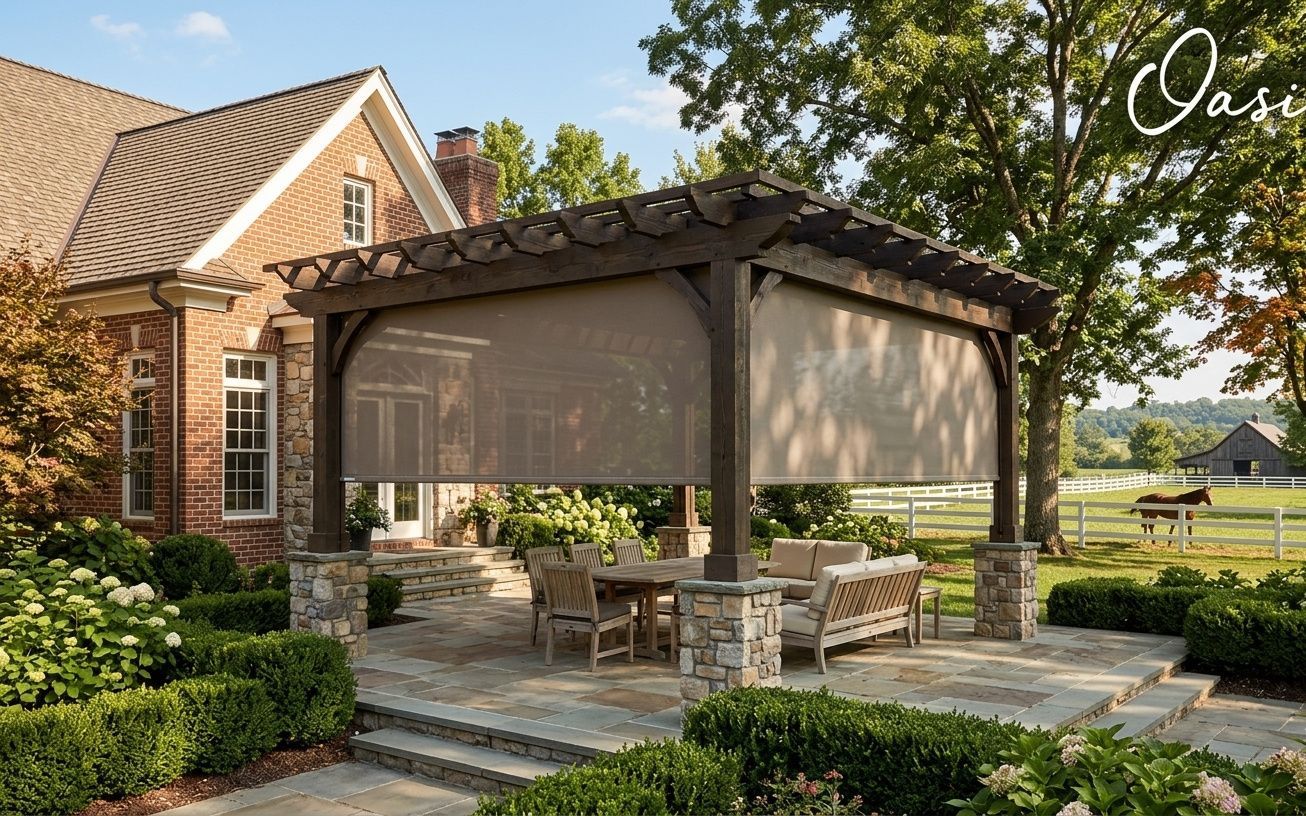 Backyard pergola with stone patio with exterior patio shades, outdoor dining table, and brick house beside a garden