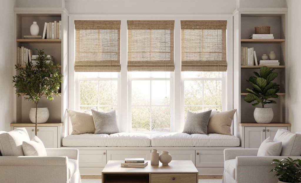 Bright neutral living room with a white sofa, woven wood blinds, built-in shelves, and potted plants by large windows