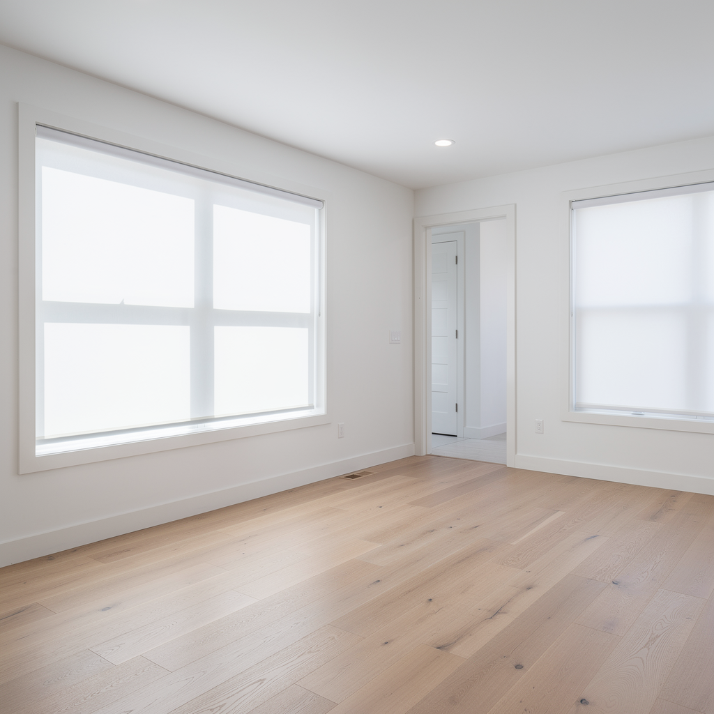 Empty bright room with light wood floors, white walls, and two large windows with roller shades.