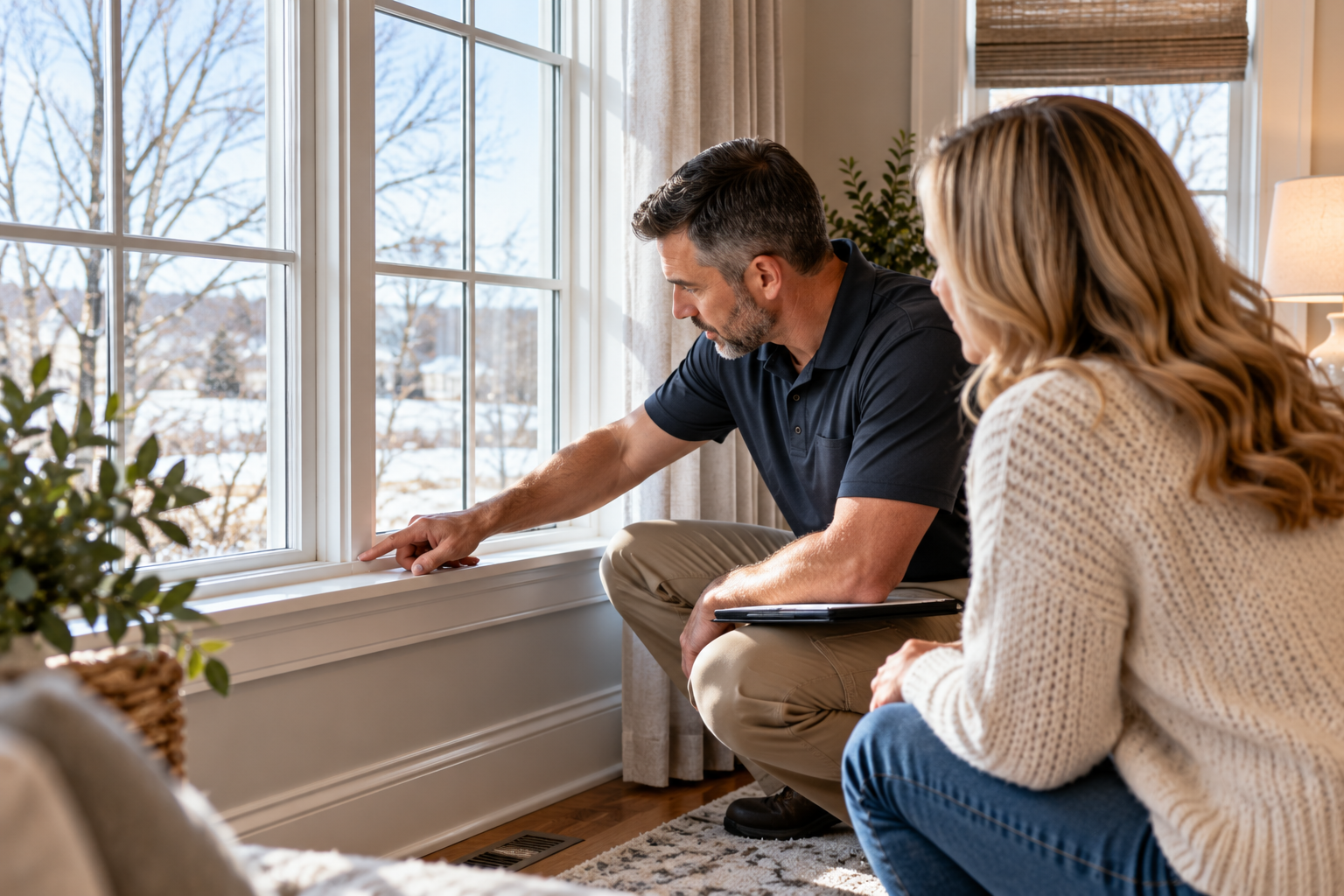 Two people inspect a window in a sunlit room with snow outside