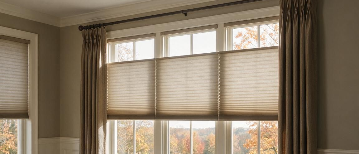 Living room window with beige cellular shades and curtains, letting in soft daylight